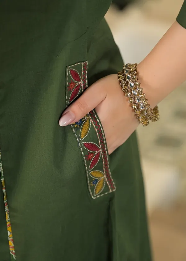 Premium_Cotton_Embroidered_Green_Kurti_Pant_Suit_Set_with_Dupatta_&_Side_Pocket_|_Katha_Handwork_|_Office_&_Daily_Wear