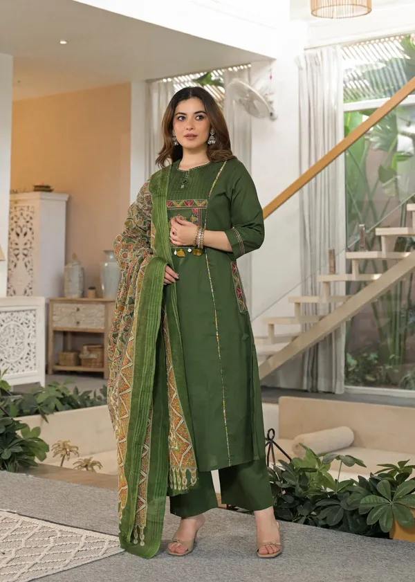 Premium_Cotton_Embroidered_Green_Kurti_Pant_Suit_Set_with_Dupatta_&_Side_Pocket_|_Katha_Handwork_|_Office_&_Daily_Wear