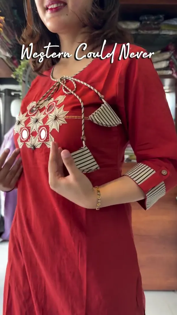 Saganeri_Solid_Print_Red_Kurta_Set_With_Embroidery_&_Mirror_Hand_Work