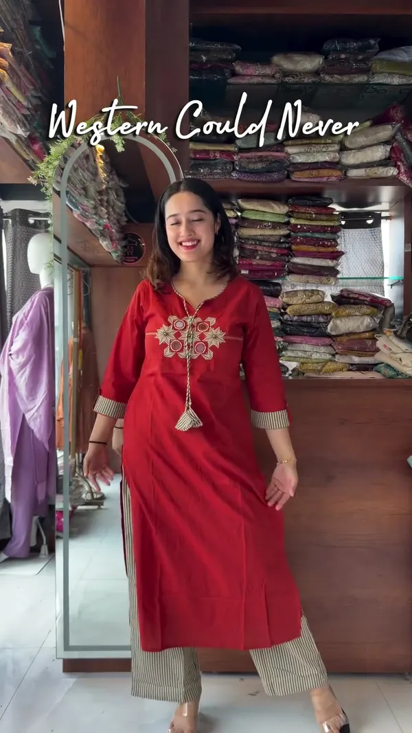 Saganeri_Solid_Print_Red_Kurta_Set_With_Embroidery_&_Mirror_Hand_Work