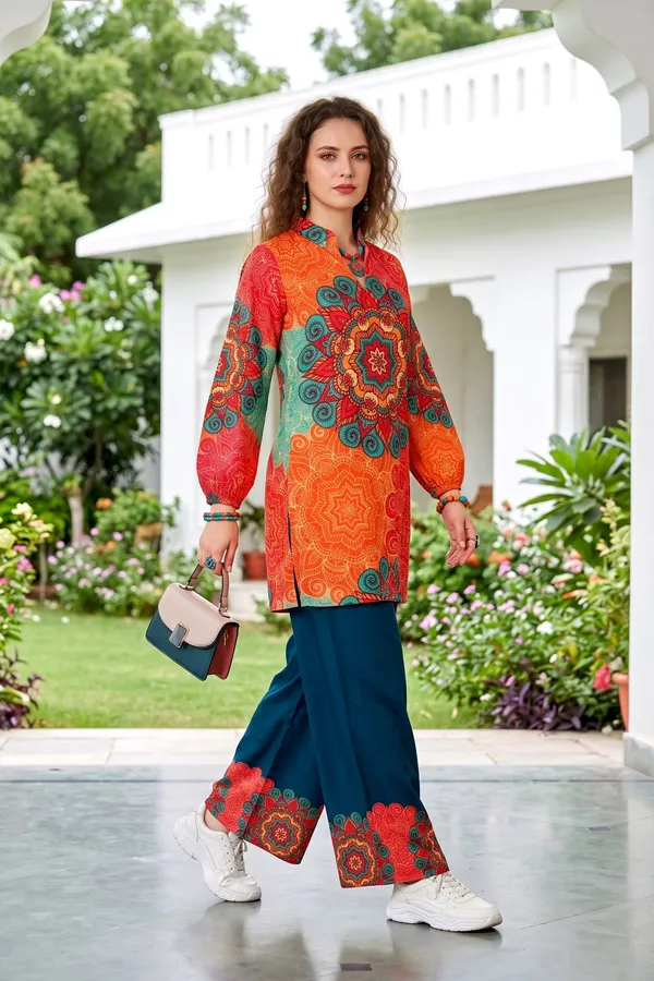 Women_Orange_&_Teal_Mandala_Printed_Rayon_Slub_Co-ord_Set