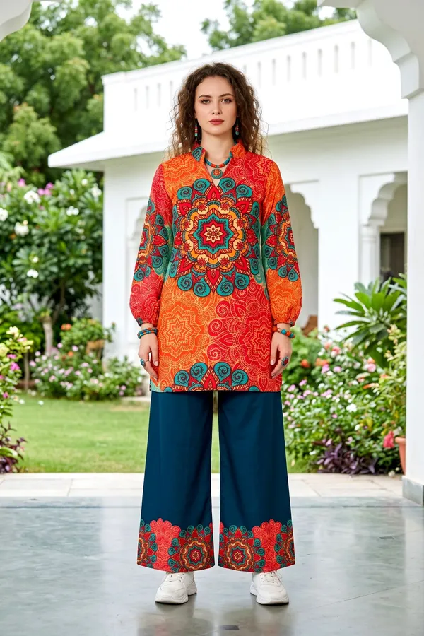 Women_Orange_&_Teal_Mandala_Printed_Rayon_Slub_Co-ord_Set