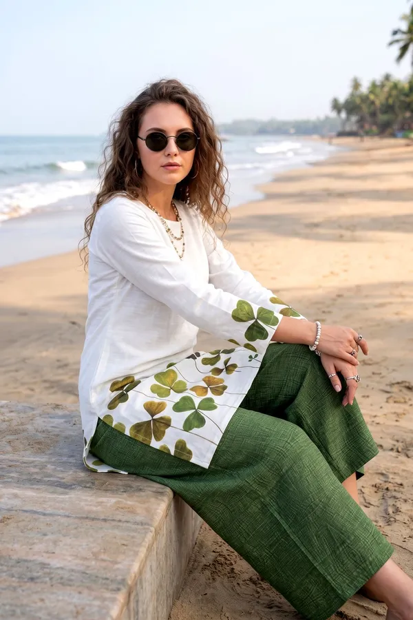 Women_White_&_Olive_Rayon_Slub_Kurta_Set