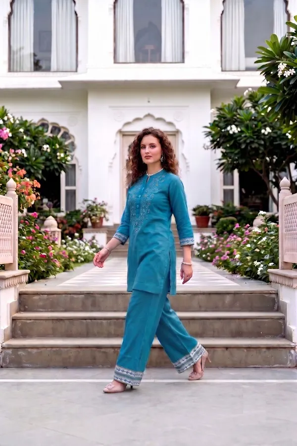 Women_Rama_Blue_Rayon_Slub_Kurta_Set