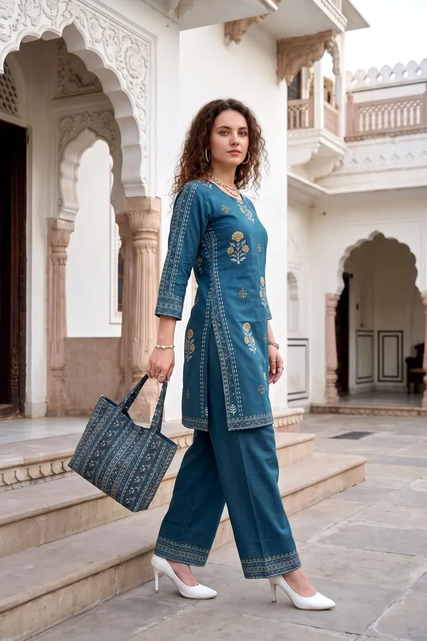 Women_Teal_Blue_Rayon_Slub_Kurta_Set
