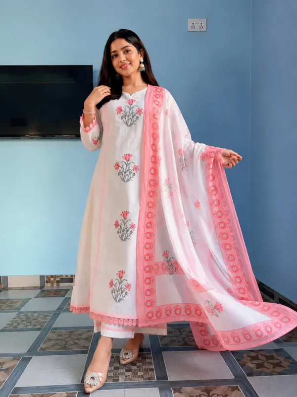 White_cotton_Handblock_suit_Set_with_Handwork_&_Katha_work_with_paired_Border_on_Kurta_Pant_&_Sleeves