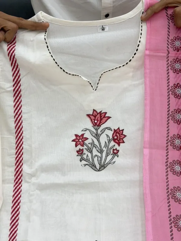 White_cotton_Handblock_suit_Set_with_Handwork_&_Katha_work_with_paired_Border_on_Kurta_Pant_&_Sleeves