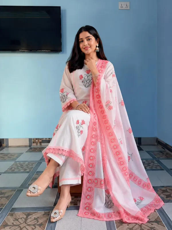 White_cotton_Handblock_suit_Set_with_Handwork_&_Katha_work_with_paired_Border_on_Kurta_Pant_&_Sleeves