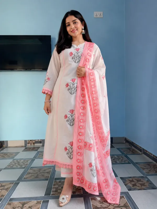White_cotton_Handblock_suit_Set_with_Handwork_&_Katha_work_with_paired_Border_on_Kurta_Pant_&_Sleeves