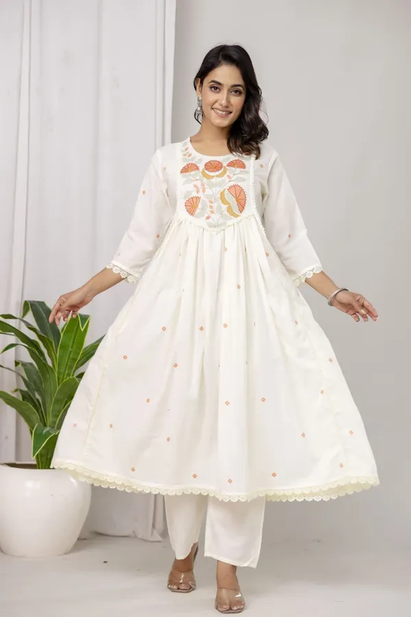 Women_Elegant_Floral_Embroidered_White_Orange_Cotton_Kurta_Pant_Dupatta_Set