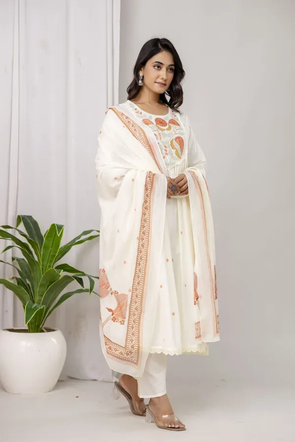 Women_Elegant_Floral_Embroidered_White_Orange_Cotton_Kurta_Pant_Dupatta_Set
