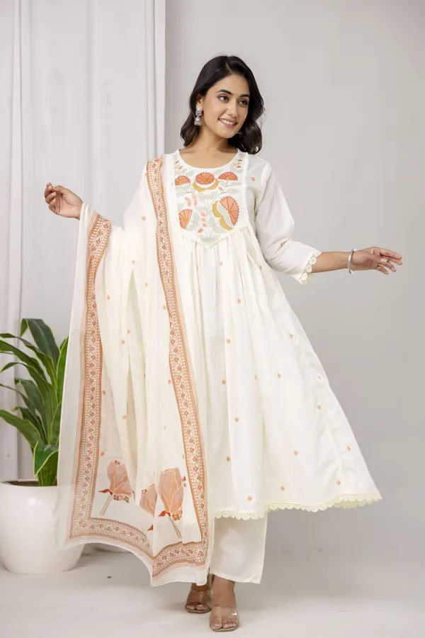 Women_Elegant_Floral_Embroidered_White_Orange_Cotton_Kurta_Pant_Dupatta_Set