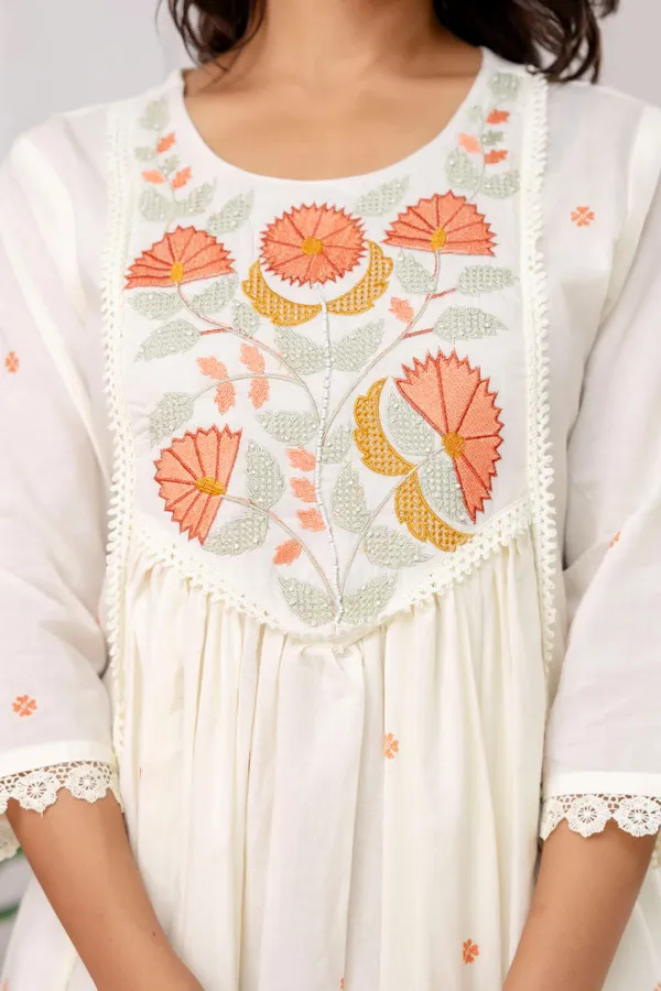 Women_Elegant_Floral_Embroidered_White_Orange_Cotton_Kurta_Pant_Dupatta_Set