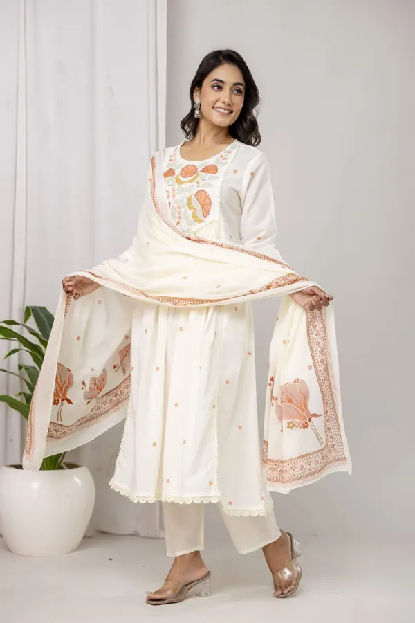Women_Elegant_Floral_Embroidered_White_Orange_Cotton_Kurta_Pant_Dupatta_Set
