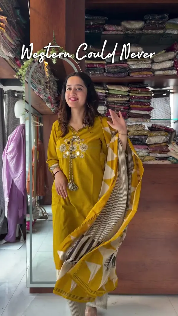 Saganeri_Solid_Print_Yellow_Kurta_Set_With_Embroidery_&_Mirror_Hand_Work