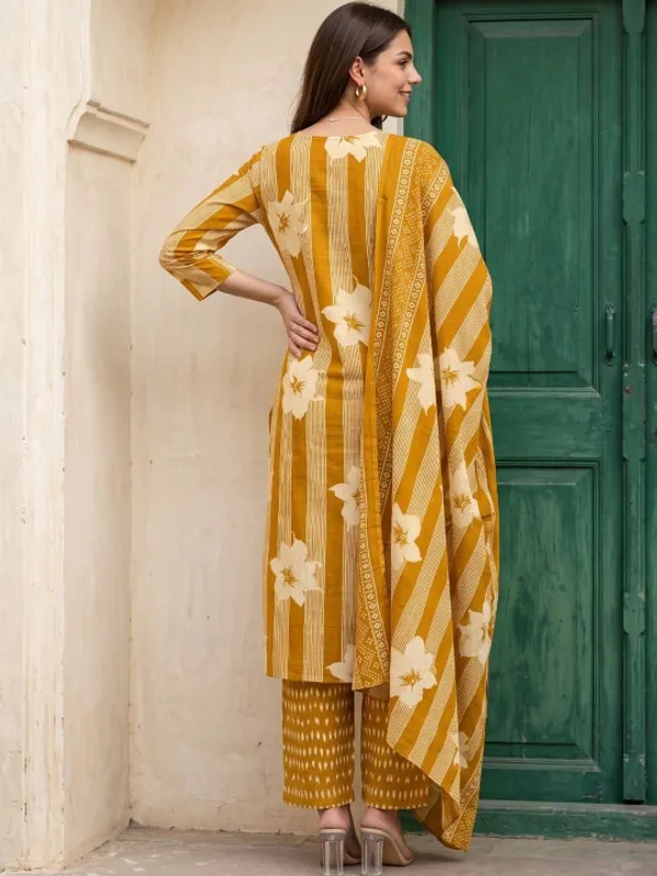 Yellow_cotton_Kurta_set_with_cotton_pant_and_dupatta_with_Sequence_work_on_Neck_line