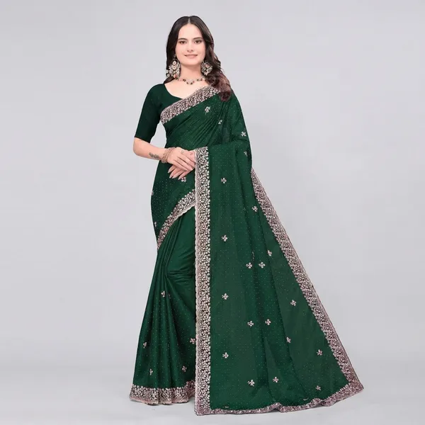 Dark_Green_Embroidered_Woven_Bollywood_Art_Silk_Saree_For_Women
