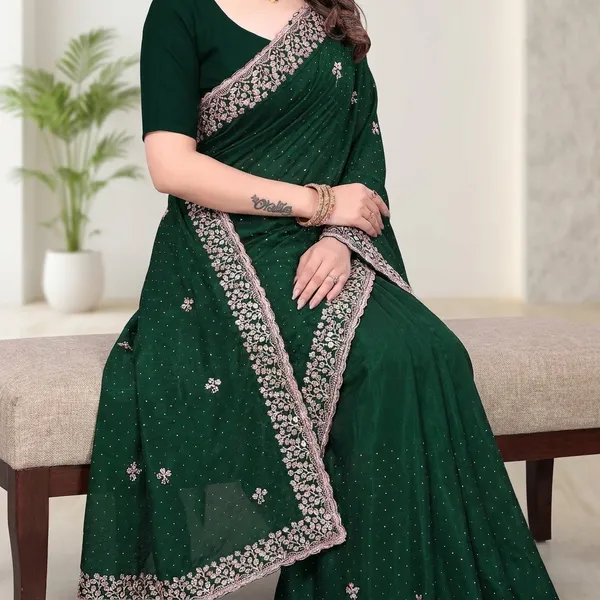 Dark_Green_Embroidered_Woven_Bollywood_Art_Silk_Saree_For_Women