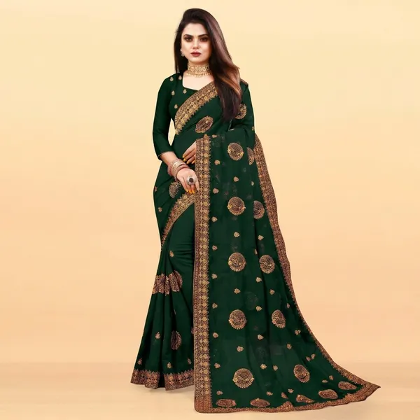 Dark_Green_Embroidered_Bollywood_Art_Silk_Saree_For_Women