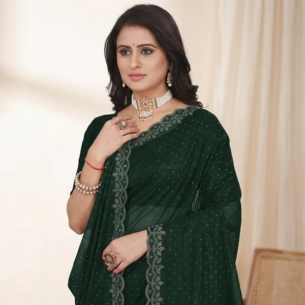 Dark_Green_Embellished_Bollywood_Net_Saree_For_Women