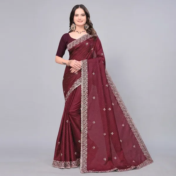 Maroon_Embroidered_Woven_Bollywood_Art_Silk_Saree_For_Women