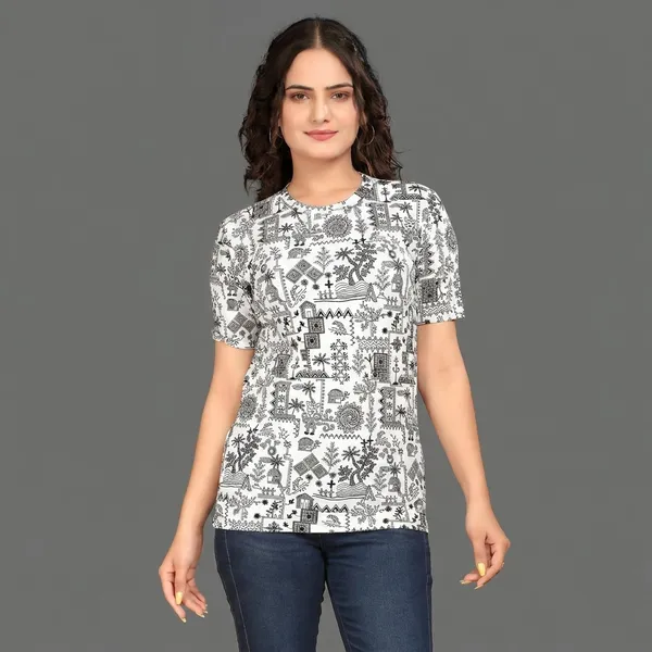 White_Cotton_Blend_Printed_Round_Neck_T-Shirt_For_Women