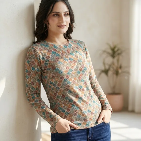 Multicolor_Cotton_Blend_Printed_Round_Neck_T-Shirt_For_Women