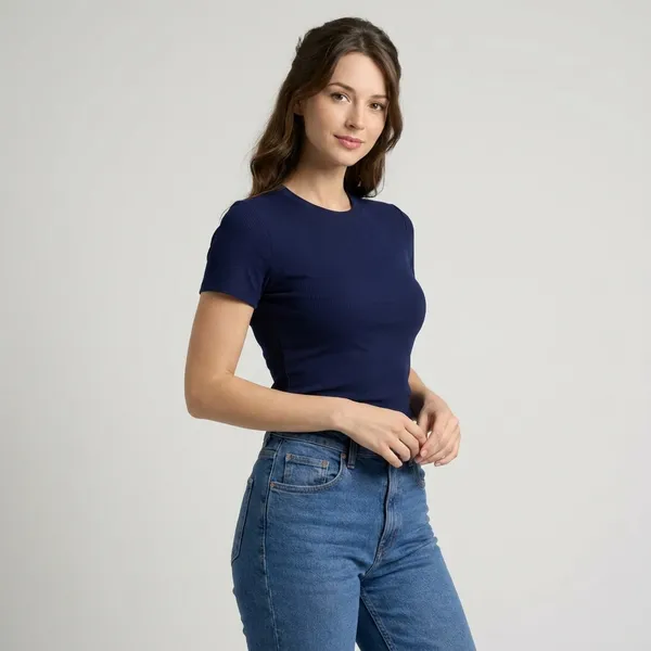 Dark_Blue_Cotton_Blend_Self_Design_Round_Neck_T-Shirt_For_Women