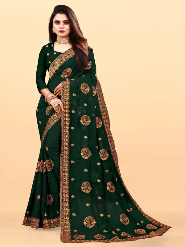 Dark_Green_Embroidered_Bollywood_Art_Silk_Saree_For_Women