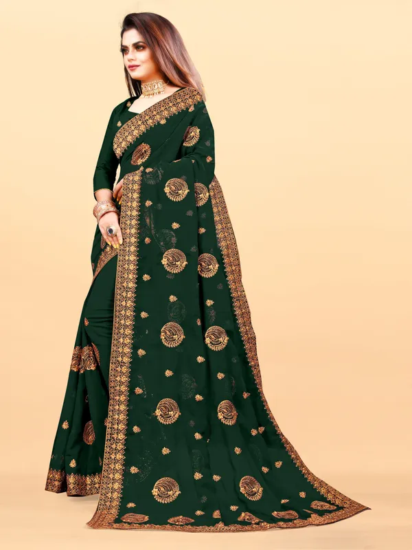 Dark_Green_Embroidered_Bollywood_Art_Silk_Saree_For_Women