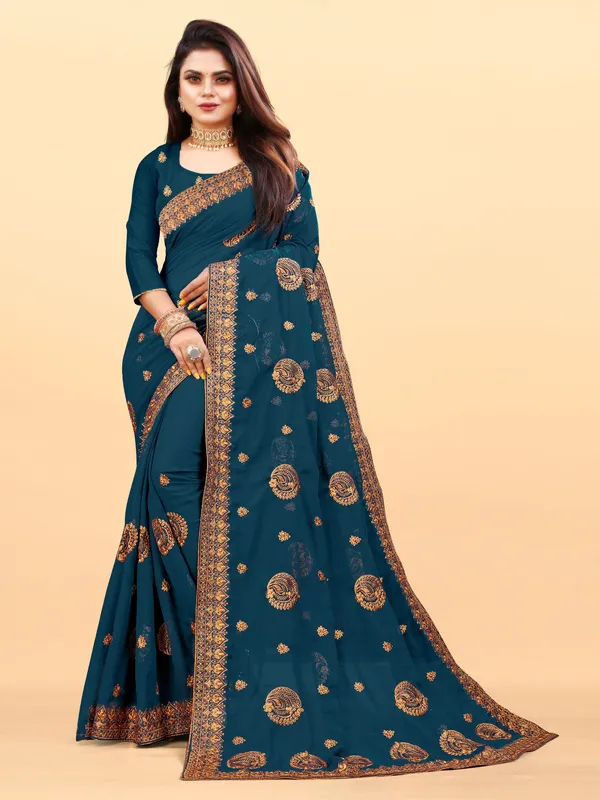Dark_Blue_Embroidered_Bollywood_Art_Silk_Saree_For_Women