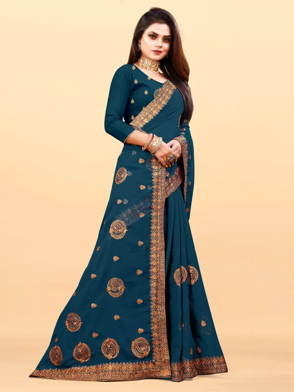 Dark_Blue_Embroidered_Bollywood_Art_Silk_Saree_For_Women
