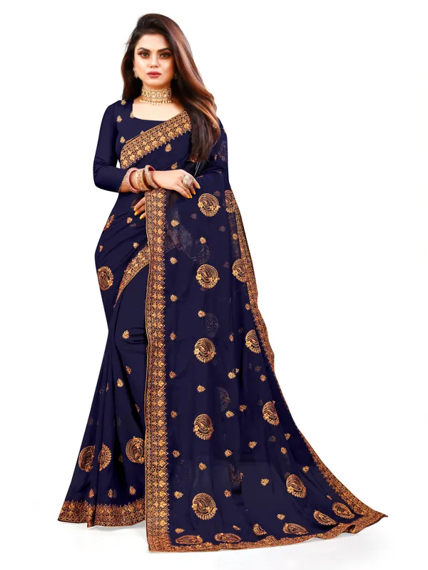 Dark_Blue_Embroidered_Self_Design_Bollywood_Silk_Blend_Satin_Saree_For_Women