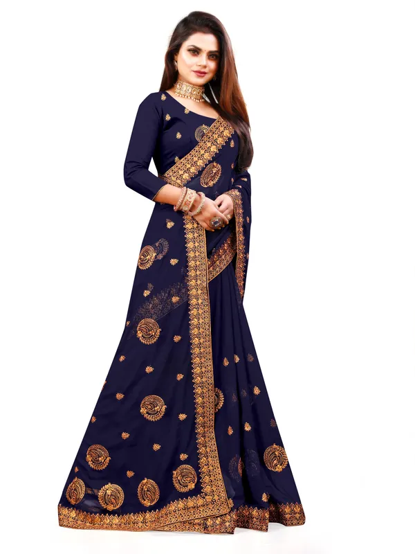 Dark_Blue_Embroidered_Self_Design_Bollywood_Silk_Blend_Satin_Saree_For_Women