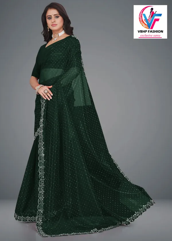 Dark_Green_Embellished_Bollywood_Net_Saree_For_Women