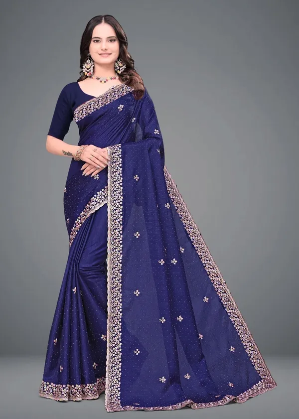 Blue_Embroidered_Woven_Bollywood_Art_Silk_Saree_For_Women