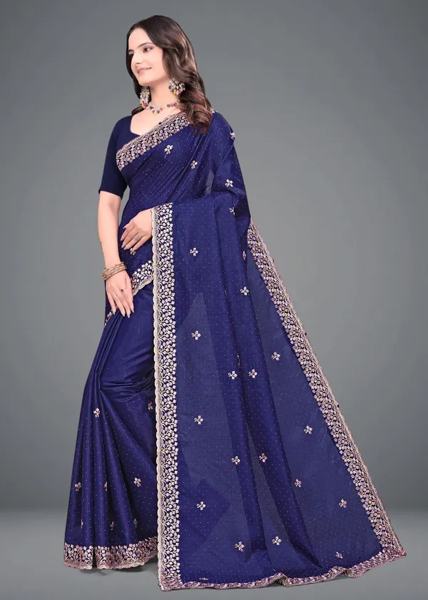 Blue_Embroidered_Woven_Bollywood_Art_Silk_Saree_For_Women