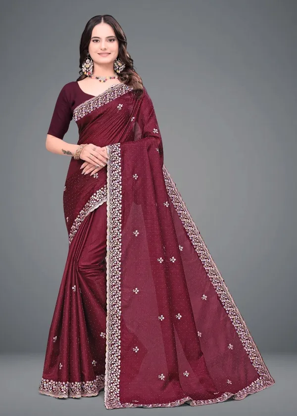 Maroon_Embroidered_Woven_Bollywood_Art_Silk_Saree_For_Women