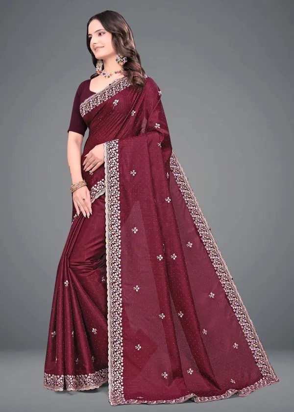 Maroon_Embroidered_Woven_Bollywood_Art_Silk_Saree_For_Women