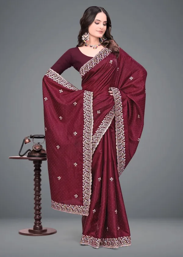 Maroon_Embroidered_Woven_Bollywood_Art_Silk_Saree_For_Women