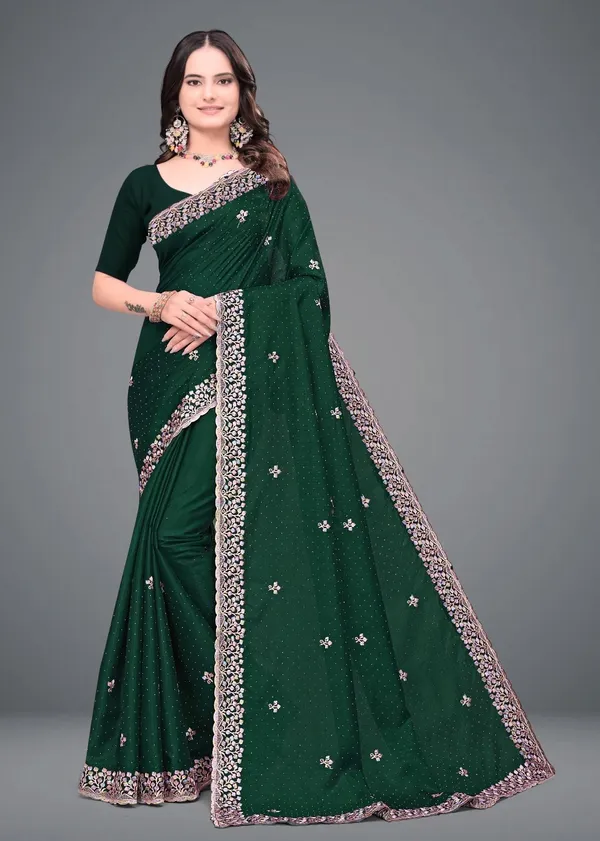 Dark_Green_Embroidered_Woven_Bollywood_Art_Silk_Saree_For_Women