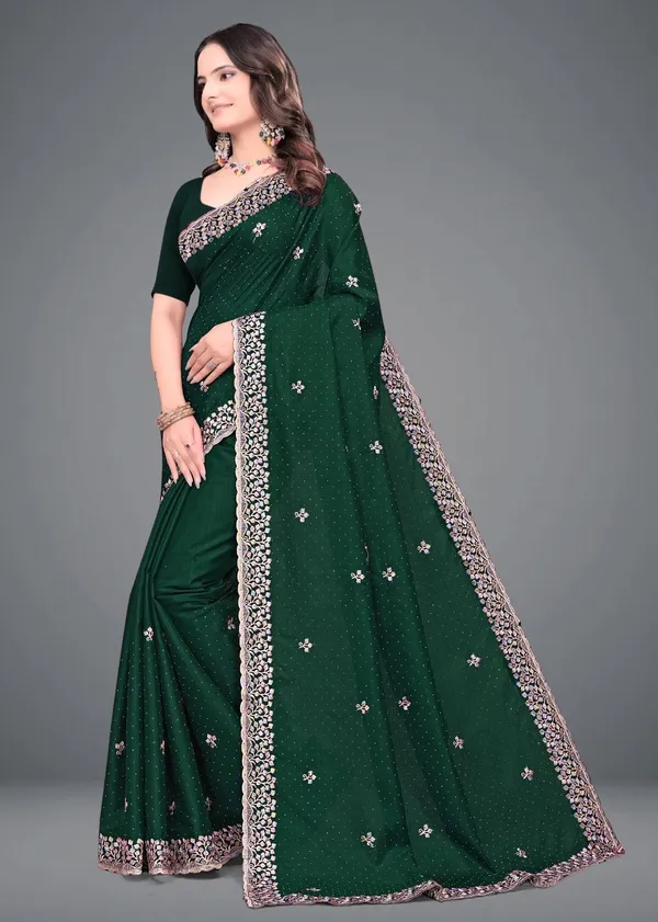 Dark_Green_Embroidered_Woven_Bollywood_Art_Silk_Saree_For_Women