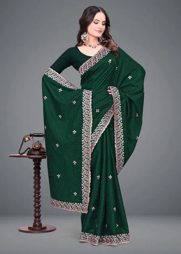 Dark_Green_Embroidered_Woven_Bollywood_Art_Silk_Saree_For_Women