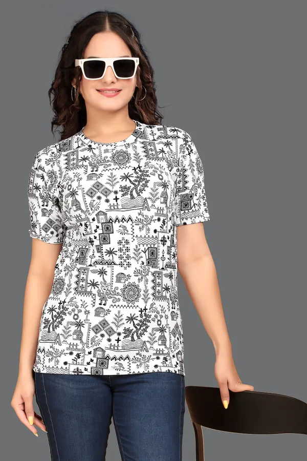 Multicolor_Cotton_Blend_Printed_Round_Neck_T-Shirt_For_Women