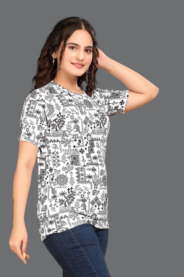 White_Cotton_Blend_Printed_Round_Neck_T-Shirt_For_Women