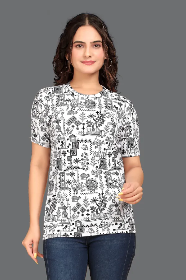 White_Cotton_Blend_Printed_Round_Neck_T-Shirt_For_Women