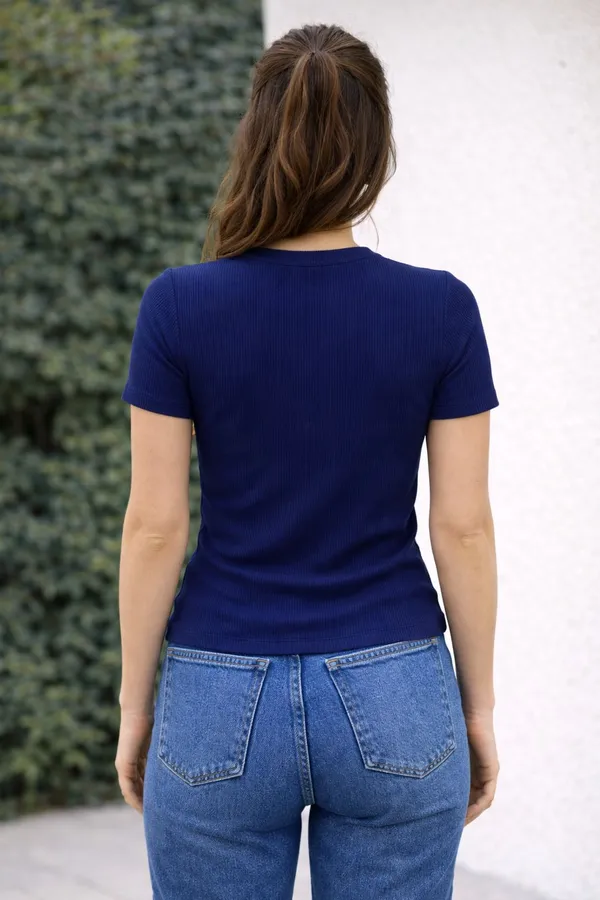 Dark_Blue_Cotton_Blend_Self_Design_Round_Neck_T-Shirt_For_Women
