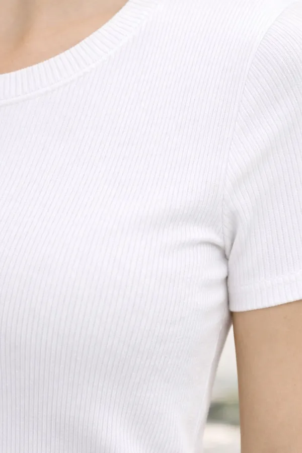 White_Cotton_Blend_Self_Design_T-Shirt_For_Women