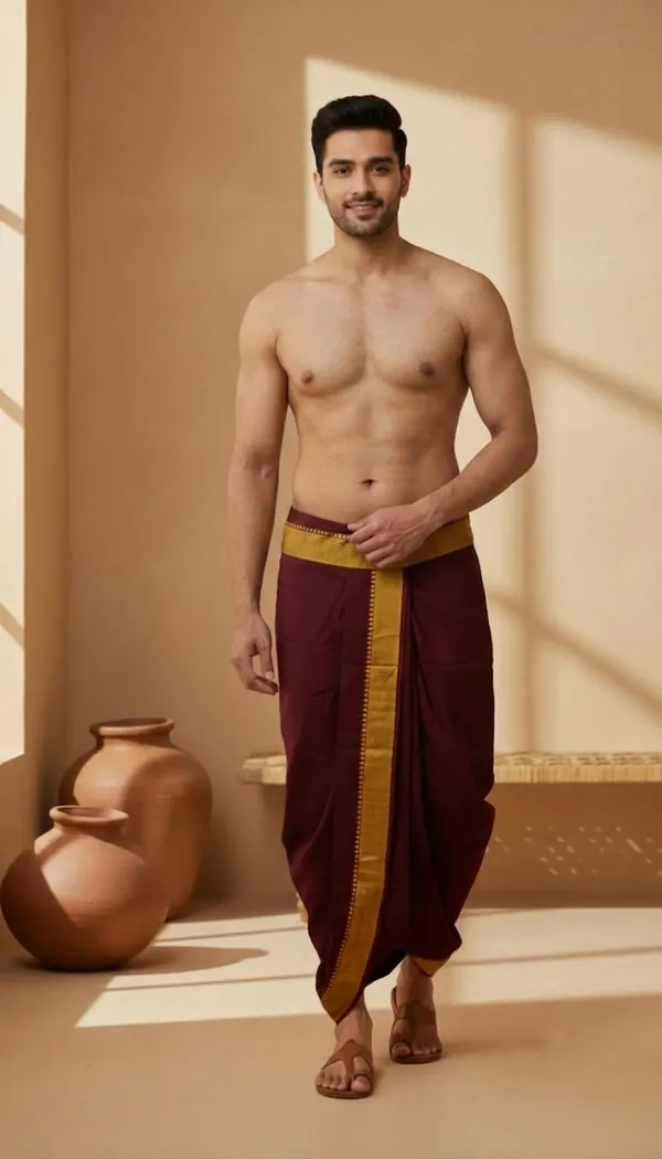 Pure_Cotton_Mehroon_Readymade_Elastic_Dhoti_For_Men
