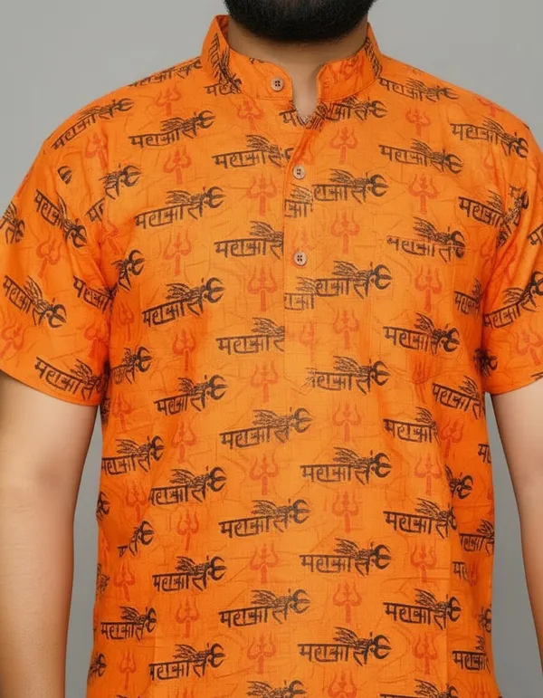 Orange_Pure_Cotton_Mahakal_Trishul_Print_Front_Pocket_Kurta_For_Men
